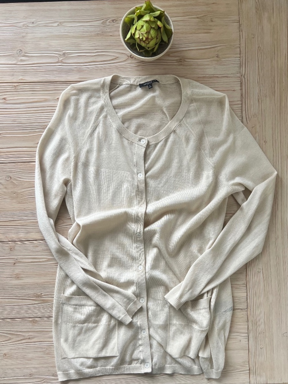 Lafayette 148 Silk Cashmere Cardigan – Lightweight Beige Button Front (L)